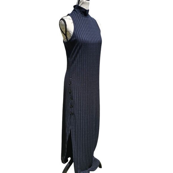 Venus -743 NWOT Black Ribbed‎ Maxi Dress Mock Neck Racerback Side Slit XL - Picture 1 of 10